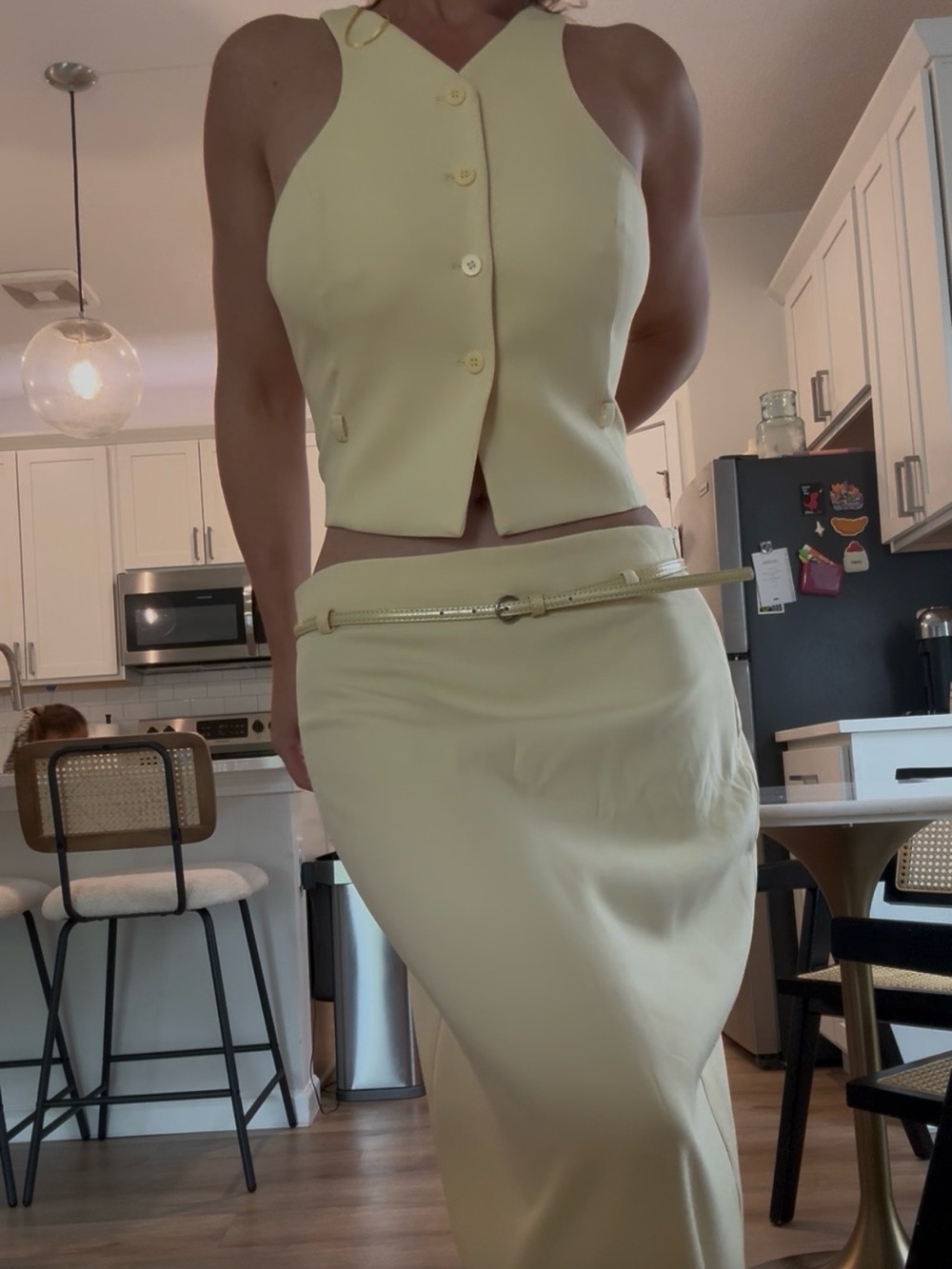 Zara Pale Yellow Midi Skirt with Matching Belt